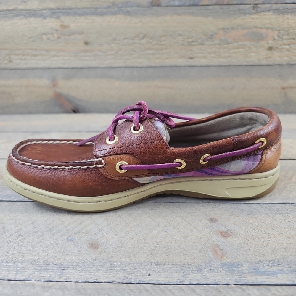 Sperry Topsider Brown Leather purple plaid Women's Boat Deck Shoes - Picture 7 of 14